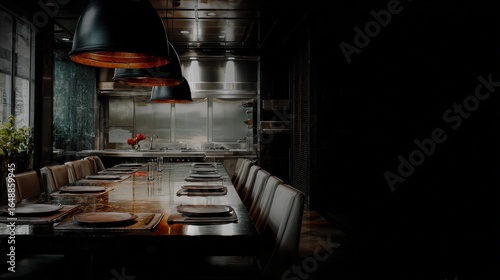 Private Dining Room: Modern Restaurant Table Setting with Pendant Lights