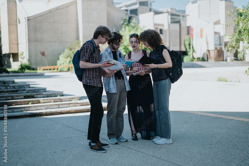 Fototapeta premium A group of students gathered outdoors in a school courtyard, discussing their work on a sunny day. They appear engaged and in collaboration, carrying backpacks, notebooks, and folders.