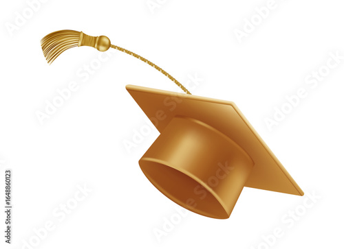 Graduates celebration. Flying golden graduate hats with tassels.