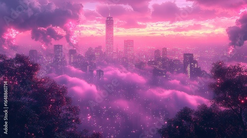 A futuristic cityscape ablaze with neon lights, where sleek skyscrapers pierce the sky, and a path of blinding speed light streaks across the urban landscape 