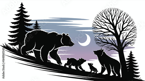 Family of Bears Silhouette Against a Night Sky Vector Illustration Featuring Mother Bear Cubs Pine Trees and Crescent Moon for Childrens Storybooks and Wildlife Conservation Educational Material