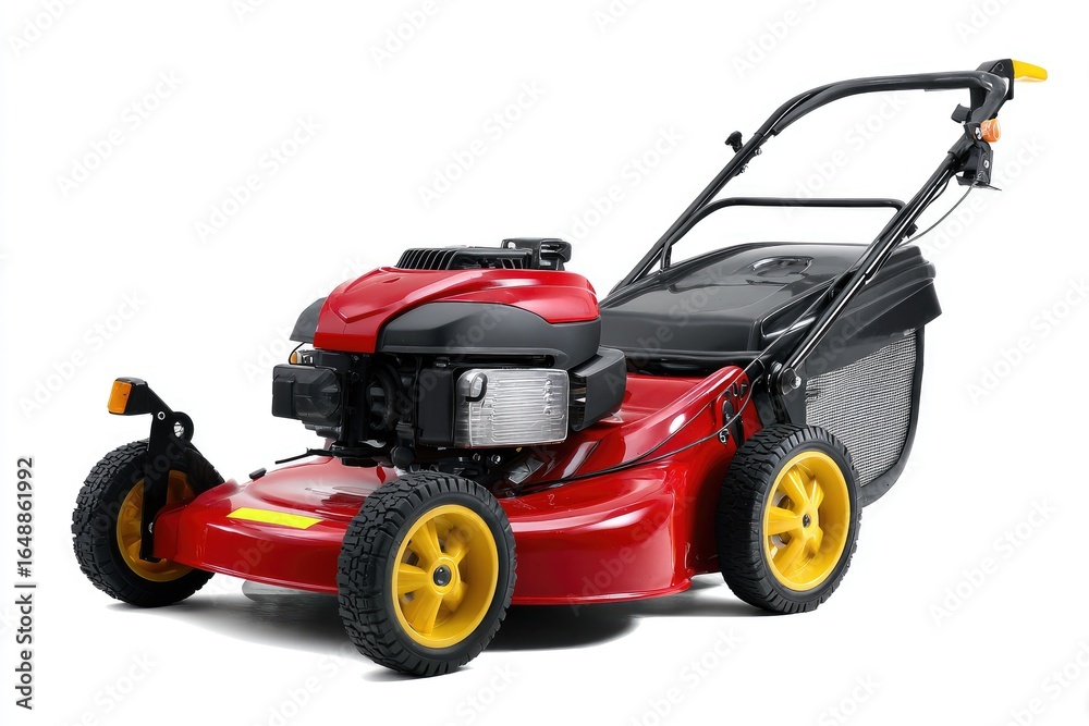 Obraz premium Red lawnmower, front view, isolated on white