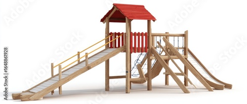 Wooden playground structure with red roof and slides