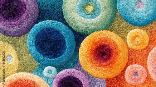 Vibrant circular rug with textured, colorful design
