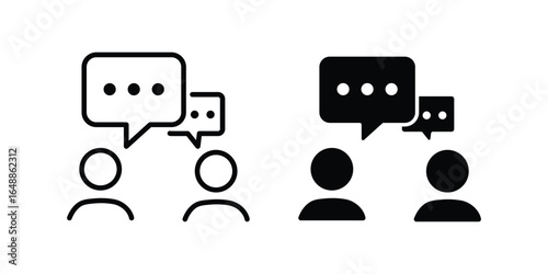 Communication icon vector set in black flat and line stroke style, Speaking people icon, Two people talking with speech bubbles icon.