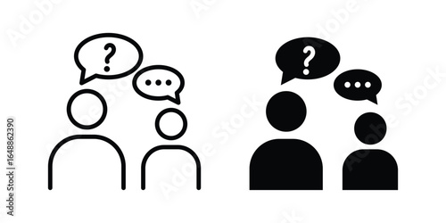 Communication icon vector set in black flat and line stroke style, Speaking people icon, Two people talking with speech bubbles icon.