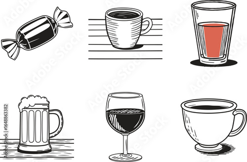 Hand-Drawn Beverage Icon Set – Coffee, Wine, Beer, Juice