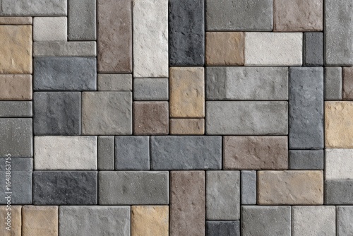 Stone pavement with a pattern of interlocking rectangular and square pavers in gray tan and beige tones