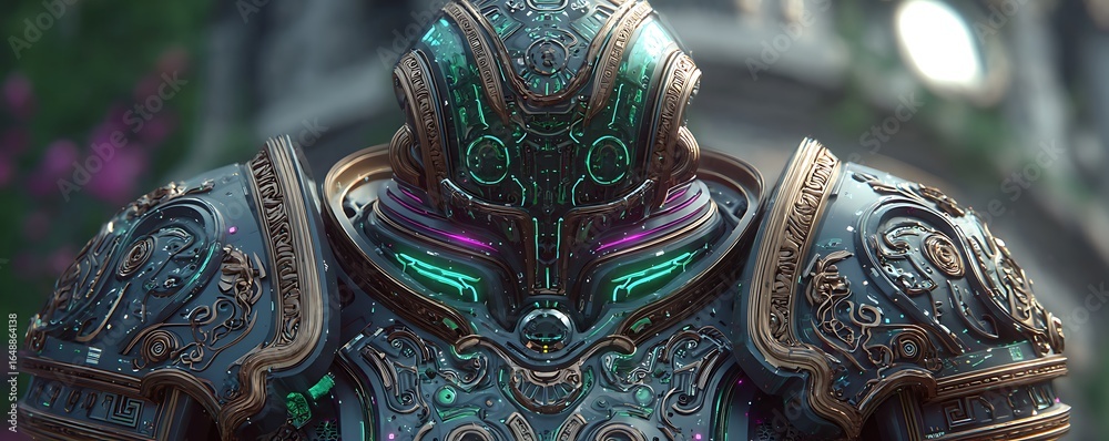Fototapeta premium Retro space armor with stylized Roman detailing and neon circuitry glow