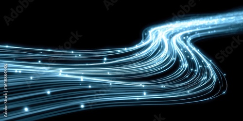 Abstract light trails curve across dark background