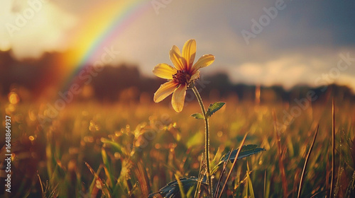 A Polaroid photo of a flower in a field, with a rainbow in the background, Soft, dreamy lighting creates a nostalgic and whimsical mood.