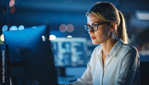 A programmer working in low light, with a serious look in his eyes