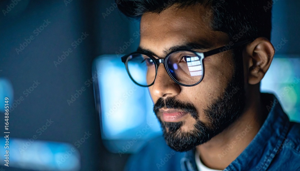 Obraz premium A programmer working in low light, with a serious look in his eyes