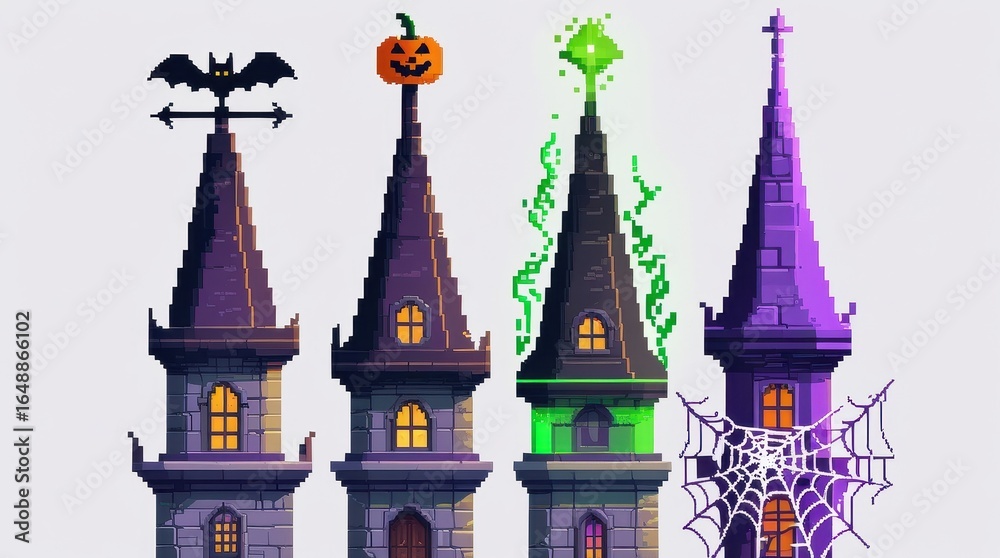 Fototapeta premium Pixel art haunted towers with bat pumpkin green energy and spiderweb details