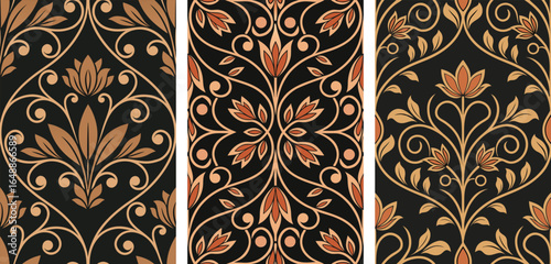 Set of Gold on Black Ornamental Floral Pattern Vector Illustrations