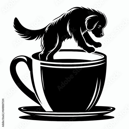 Golden Retriever Dog climbing out of giant coffee mug. Cartoon Animal Clipart Silhouette Vector Illustration Line Art Illustration. Canine pal rising from large cup joe beverage.
