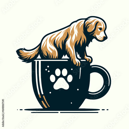 Golden Retriever Dog climbing out of giant coffee mug. Cartoon Animal Clipart Silhouette Vector Illustration Line Art Illustration. Canine pal exits huge cup full java a breed having.