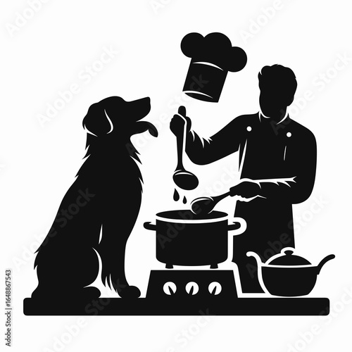 Golden Retriever Dog Cooking together. Cartoon Animal Clipart Silhouette Vector Illustration Line Art Illustration. Canine helper creates tasty meal pal shares kitchen adventure.
