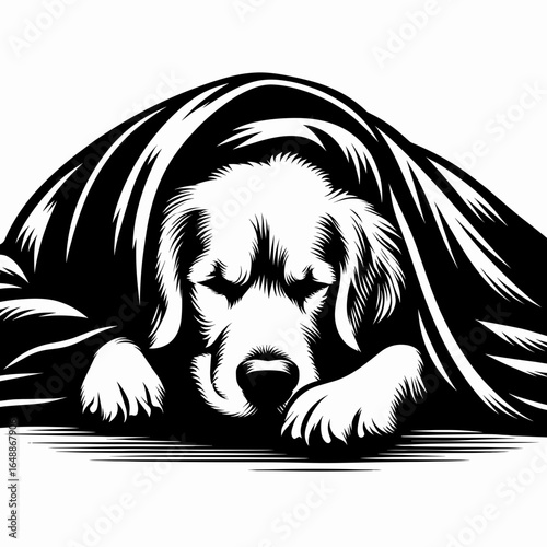 Golden Retriever Dog Cuddling under a blanket. Cartoon Animal Clipart Silhouette Vector Illustration Line Art Illustration. Canine comfort pet snuggling beneath warm cover for relaxation.