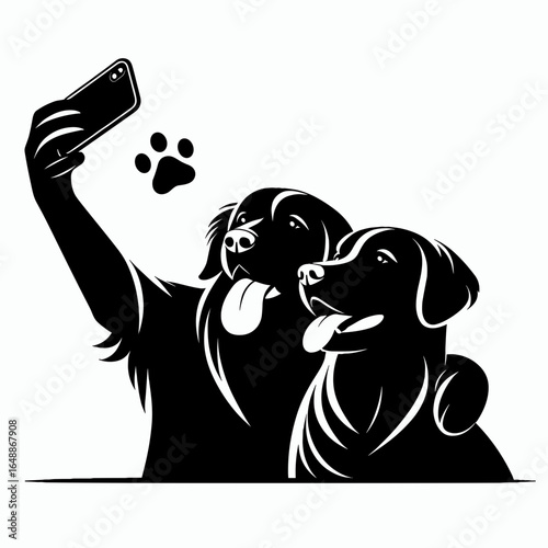 Golden Retriever Dog Couple Selfie. Cartoon Animal Clipart Silhouette Vector Illustration Line Art Illustration. Cute canine pair photo doggy self-portrait happy pet image.