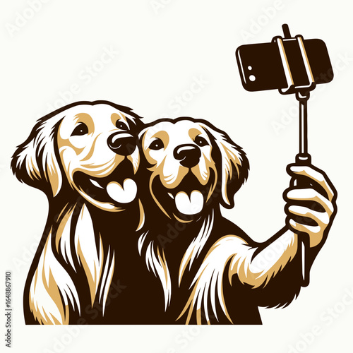 Golden Retriever Dog Couple Selfie. Cartoon Animal Clipart Silhouette Vector Illustration Line Art Illustration. Adorable canine duo picture taking memorable self portrait photo.