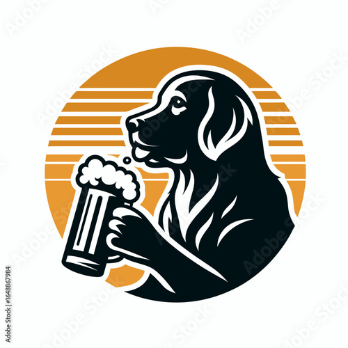Golden Retriever Dog drink beer. Cartoon Animal Clipart Silhouette Vector Illustration Line Art Illustration. Canine pet fetcher imbibe brew beverage malt liquor alcohol.