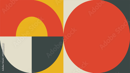 Geometric Composition with Circles and Squares in Red Yellow Gray and White Modern Abstract Design Minimalist Graphic Artwork Bauhaus Inspired Image Artistic Arrangement with Bold Colors
