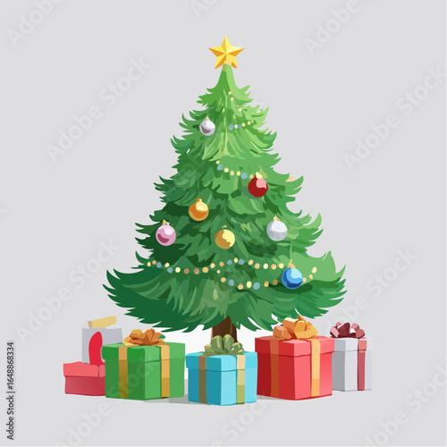 Joli sapin de Noël décoré et entouré de cadeaux, arrière plan gris clair uni