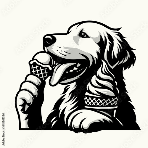 Golden Retriever Dog eat ice cream. Cartoon Animal Clipart Silhouette Vector Illustration Line Art Illustration. Canine pet enjoys a frozen dessert treat – eating cold flavor.