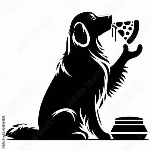 Golden Retriever Dog eat pizza. Cartoon Animal Clipart Silhouette Vector Illustration Line Art Illustration. Canine of color having a bite flatbread italian cuisine.