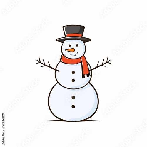 Joli bonhomme de neige, chapeau, écharpe,  souriant sur fond blanc
