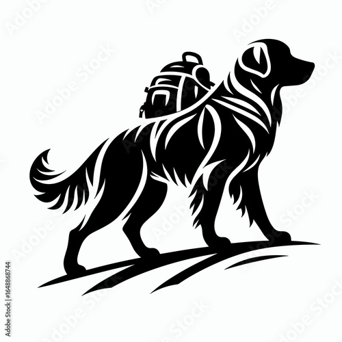 Golden Retriever Dog hiking. Cartoon Animal Clipart Silhouette Vector Illustration Line Art Illustration. Joyful pet canine on a nature trek adventure scenic trail exploration.