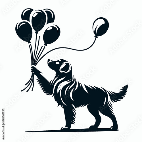 Golden Retriever Dog Holding balloons or releasing them together. Cartoon Animal Clipart Silhouette Vector Illustration Line Art Illustration. Happy canine with air novelty item letting.