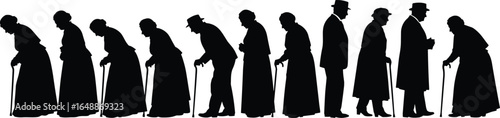 Elderly people silhouette, aging process illustration, old men and women, walking with cane, senior couple, life stages, vintage vector design