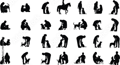 Dog training silhouettes, pet owner interaction, animal care poses, obedience practice, canine behavior, friendship, love for pets, human dog bond, companionship, trust