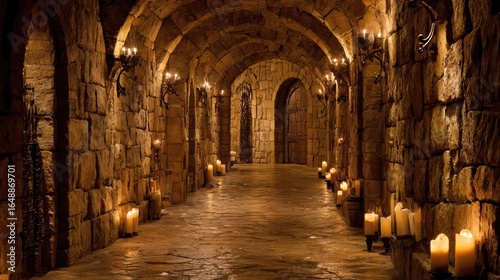 Stone hallway, arched, lit by candles