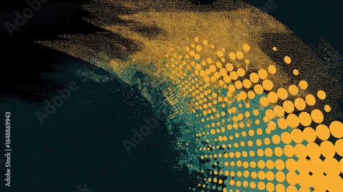 Abstract art with dark teal and gold, textured brushstrokes and dotted patterns
