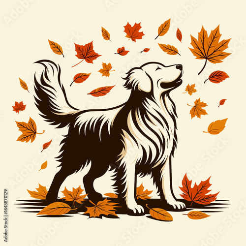 Golden Retriever Dog Playing with autumn leaves. Cartoon Animal Clipart Silhouette Vector Illustration Line Art Illustration. Canine enjoying fall foliage a breed pup having fun.