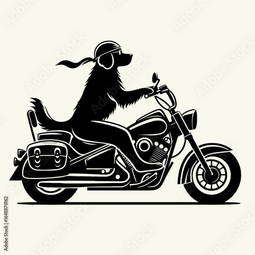 Golden Retriever Dog ride cruiser motorcycle. Cartoon Animal Clipart Silhouette Vector Illustration Line Art Illustration. Canine enjoys motor vehicle journey companion atop touring bike.