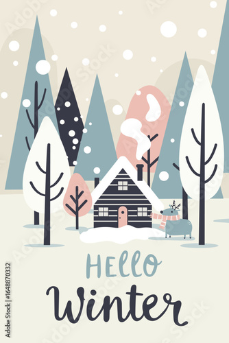 Winter landscape with house and deer in forest. Hello Winter text. Christmas holiday season. Fairytale flat illustration for greeting card.