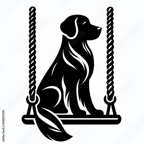 Golden Retriever Dog Sitting on a swing. Cartoon Animal Clipart Silhouette Vector Illustration Line Art Illustration. Canine pet perched playground seat happy domestic having fun outdoors.
