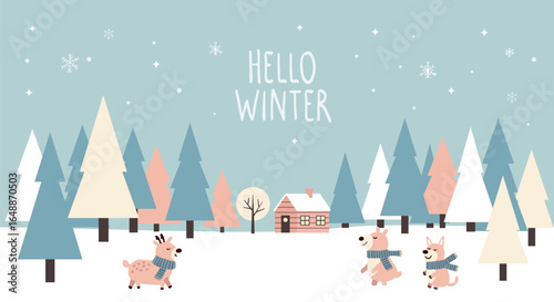 Winter forest landscape with animals, home, text Hello Winter . Christmas holiday, Merry Christmas illustration.