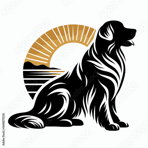 Golden Retriever Dog sunset. Cartoon Animal Clipart Silhouette Vector Illustration Line Art Illustration. Canine companion at sundown a vista with radiant light domestic pet.