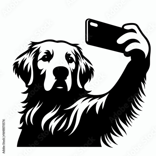 Golden Retriever Dog Taking a selfie. Cartoon Animal Clipart Silhouette Vector Illustration Line Art Illustration. Canine self-portrait fetching breed with phone adorable pet picture.