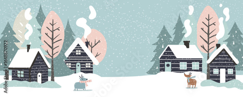 Winter landscape with house and deer in forest. Christmas holiday season.