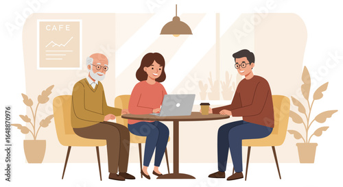 Three people sit at a round table in a cafe one with a laptop one with a coffee cup
