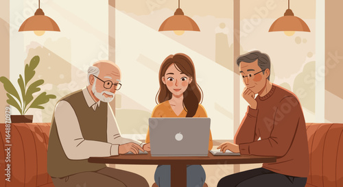 Three people at a table with a laptop and a plant