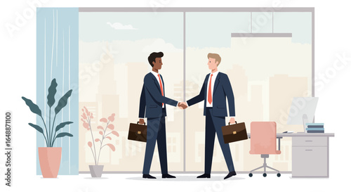 Two men in suits shake hands in an office with a cityscape view