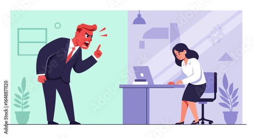 Angry man yells at distressed woman at office desk