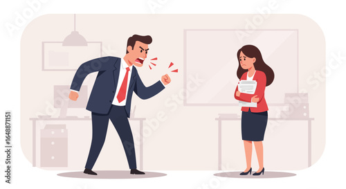 Angry man yelling at sad woman in office